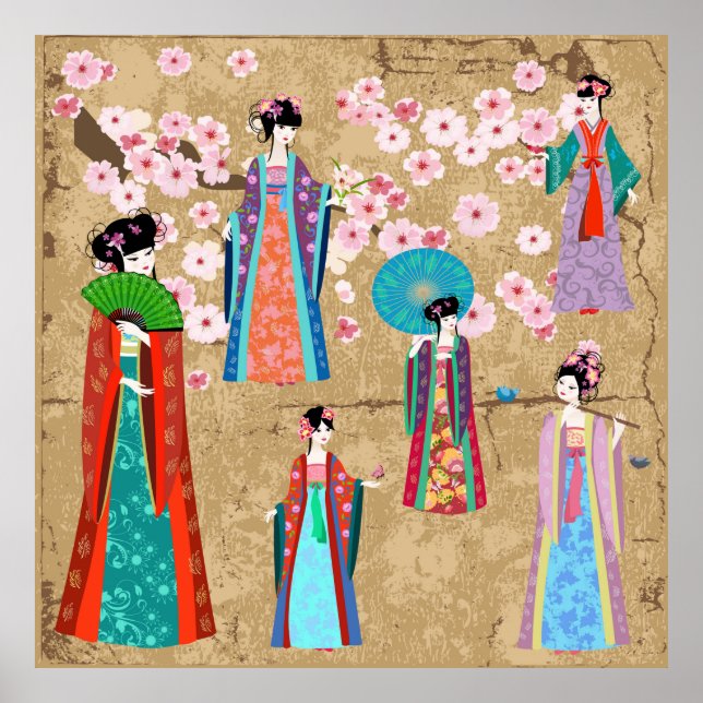 Póster Chica oriental en trajes retro mejapaneses, chino, (Frente)