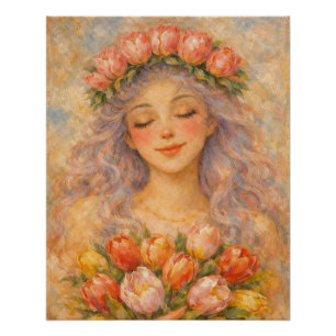 Póster Chica Pacífica con Tulipanes Amarillos