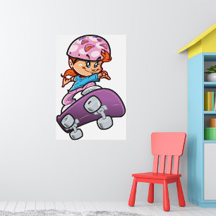 Póster Chica Patinadora Diversión Casco Rosa Skateboard