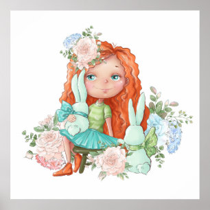 Póster Chica pelirroja con conejos cartel de flores