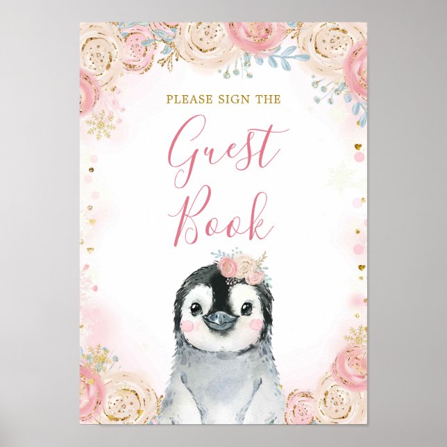 Póster Chica Penguin Winter Snowflake Guest Book (Frente)