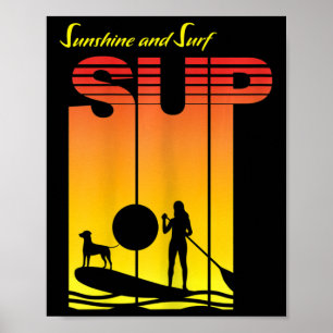 Póster Chica Perro Stand Up Paddle Tabla Remo Atardecer