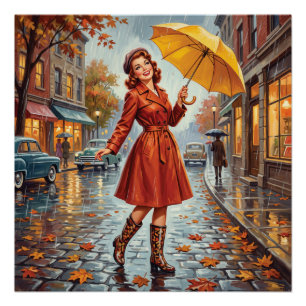 Póster Chica Pin-up de Lluvia Otoñal Vintage
