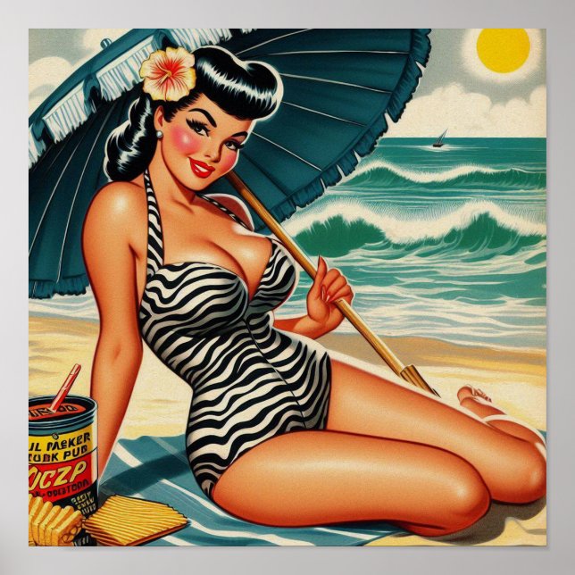 Póster Chica pin-up de playa de verano caluroso (Frente)