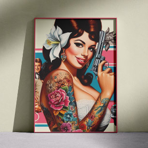 Póster Chica pin-up de pulpa tatuada vintage