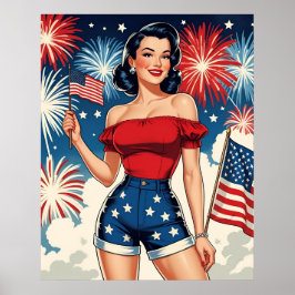 Póster Chica Pin-Up Patriótica – Estilo Retro 4 de Julio
