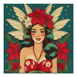 Póster Chica Pin-Up Retro de Navidad Tropical de los 50