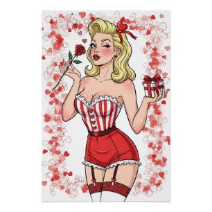 Póster Chica Pin-Up Retro Rubia del Día de San Valentín