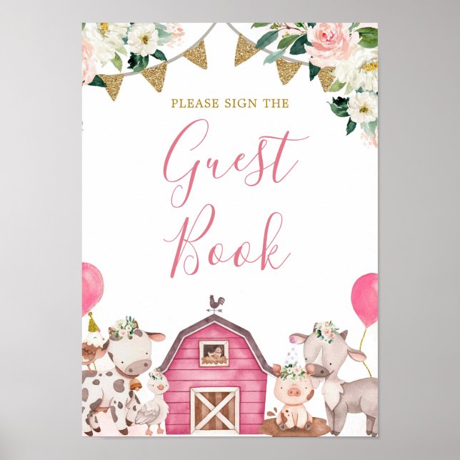 Póster Chica Pink Farm Baby Shower Carousse Guest Book (Frente)