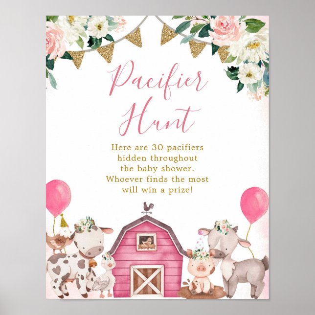 Póster Chica  Pink Farm Baby Shower Pacifier Hunt Poster (Frente)