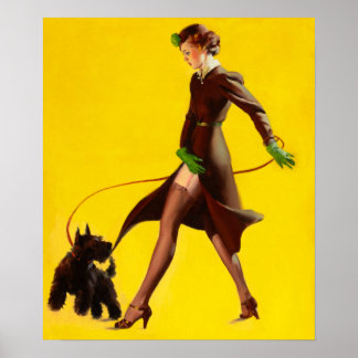 Póster Chica Pinup de la Era Flapper Paseando a su Perro