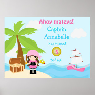 Póster Chica pirata de brunette en Poster de cumpleaños r