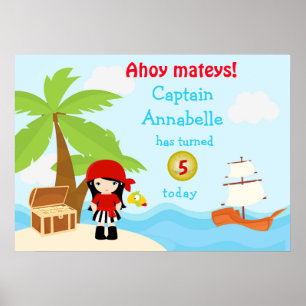 Póster Chica pirata de pelo negro en Poster de cumpleaños