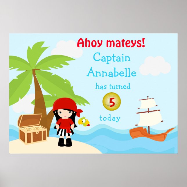 Póster Chica pirata de pelo negro en Poster de cumpleaños (Frente)