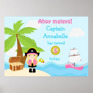 Póster Chica pirata rubio en Poster de cumpleaños rosado