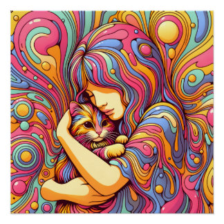 Póster Chica psicodélico y gato