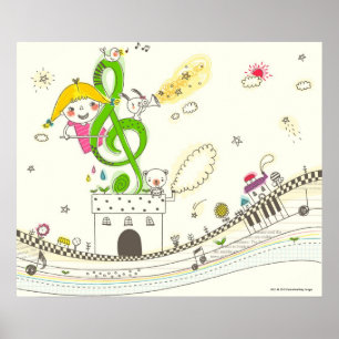 Póster Chica que juega con las notas musicales sobre casa