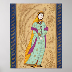 Póster Chica que sostiene un buque del vino y una pera,