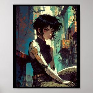Póster Chica Retro Anime Ciberpunk Guerrera Futuro Distóp