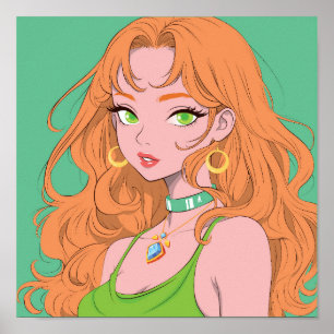 Póster Chica Retro Anime con Cabello Rojizo y Ojos Verdes
