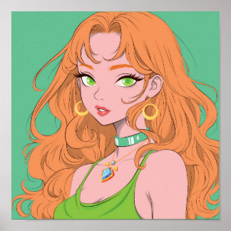 Póster Chica Retro Anime con Cabello Rojizo y Ojos Verdes