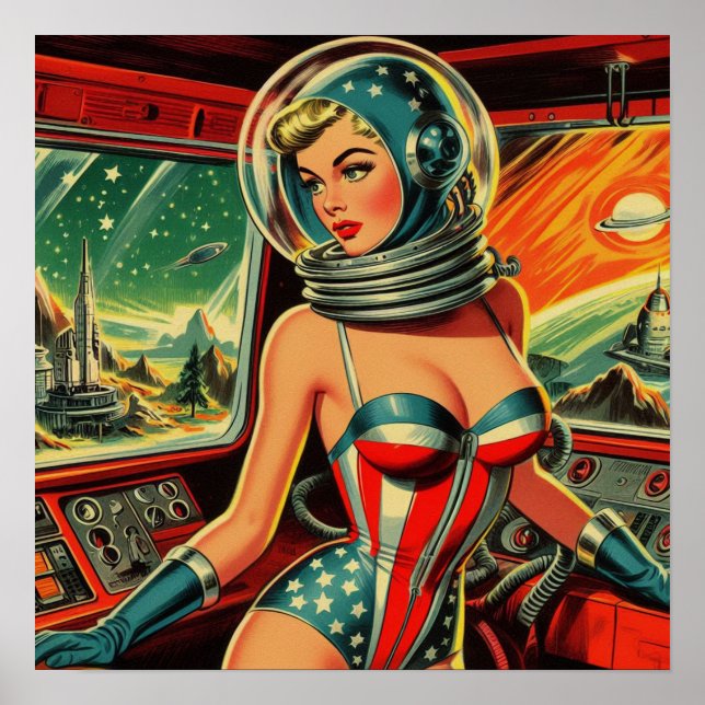 Póster Chica retro astronauta (Frente)