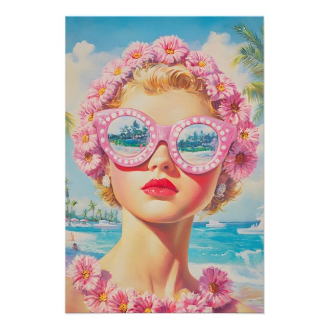 Póster Chica Retro Beach con gafas de sol florales (Anverso)