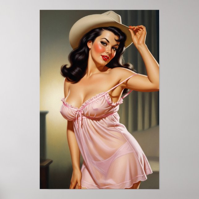 Póster Chica retro con Gorra de Cowboy (Frente)