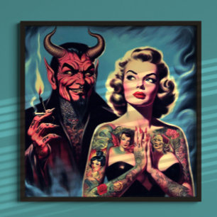 Póster Chica Retro Endiablada con Tatuajes
