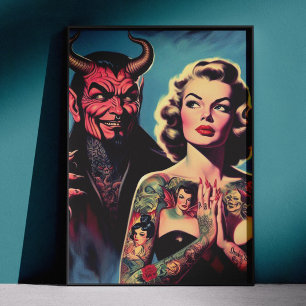 Póster Chica Retro Endiablada con Tatuajes