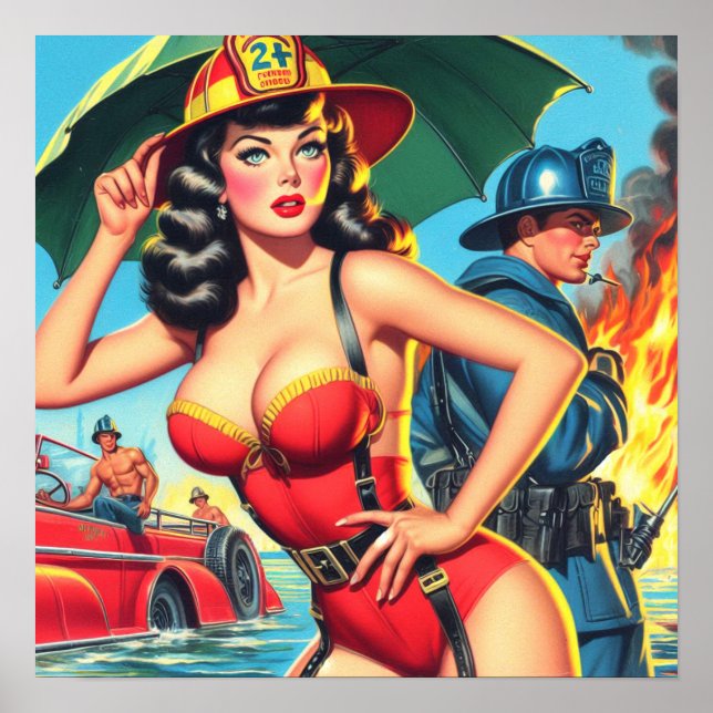 Póster Chica Retro Firefighter (Frente)