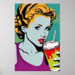 Póster Chica Retro Pop Art Milkshake<br><div class="desc">Este hotel presenta un diseño lúdico de inspiración retro que combina elementos de arte pop y cultura de la cena vintage. La imagen central es de un chica sonriente que sostiene un batido alto y cremoso, rodeado de gráficos audaces y coloridos. El conjunto es divertido y seguro que añade un...</div>