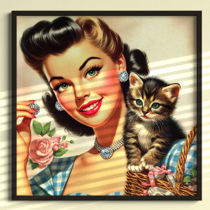 Póster Chica retro y gatito