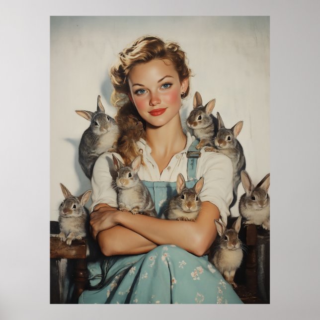 Póster Chica Rodeado de bunnies (Frente)