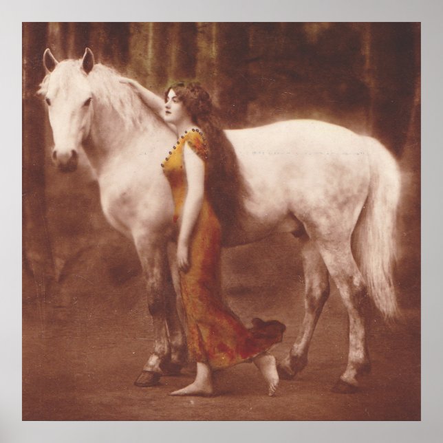 Póster Chica romántico victoriano con caballo de semental (Frente)