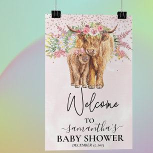Póster Chica rosa Bienvenidos Highland Cow Calf Baby Show