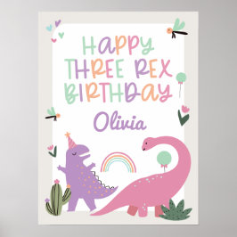 Póster Chica rosa Dinosaurio 3.ª Fiesta de cumpleaños Pos