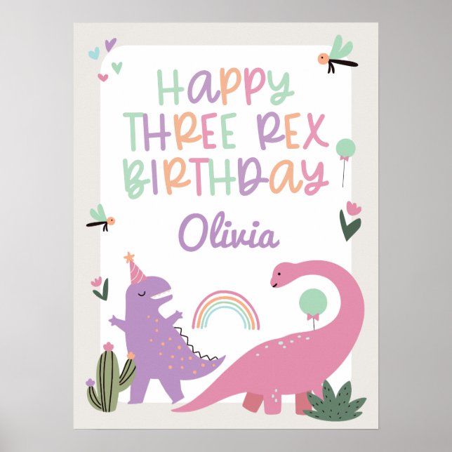 Póster Chica rosa Dinosaurio 3.ª Fiesta de cumpleaños Pos (Frente)