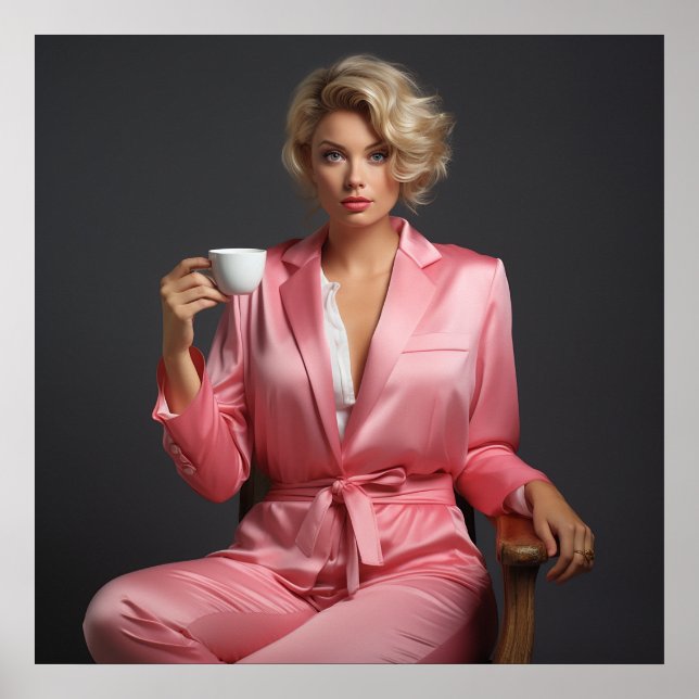 Póster Chica rosa Pin-Up Modelo Retrato Mujer Oficina (Frente)