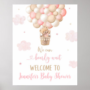 Póster Chica rosa Teddy Bear globos Bienvenidos a Baby Sh