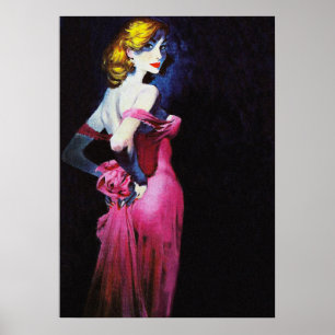 Póster Chica Rubio En Vestido Rosa Tapa De Pulpa Vintage