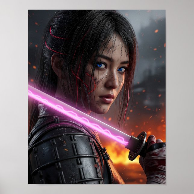 Póster Chica Samurái Cyberpunk (Frente)
