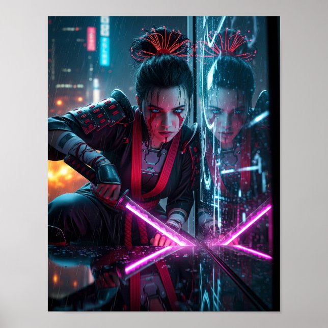 Póster Chica Samurái Cyberpunk (Frente)