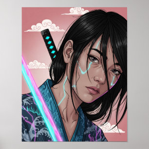 Póster Chica Samurái Cyberpunk