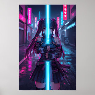 Póster Chica Samurái Cyberpunk Katana Neon Anime