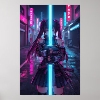 Póster Chica Samurái Cyberpunk Katana Neon Anime