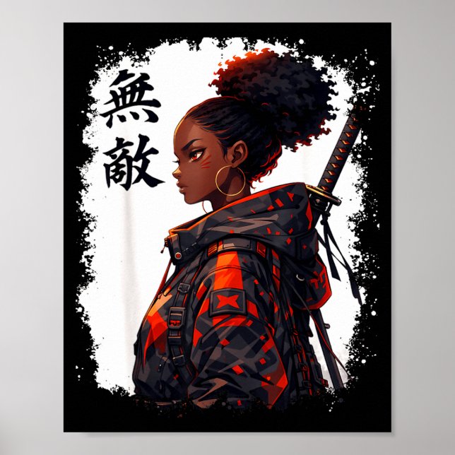 Póster Chica samurái negra anime guerrera afro africana (Frente)