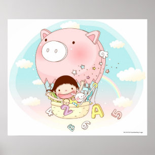 Póster Chica sentado en un globo de aire caliente, sonrie