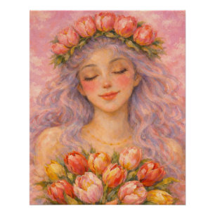 Póster Chica serena con tulipanes rosados