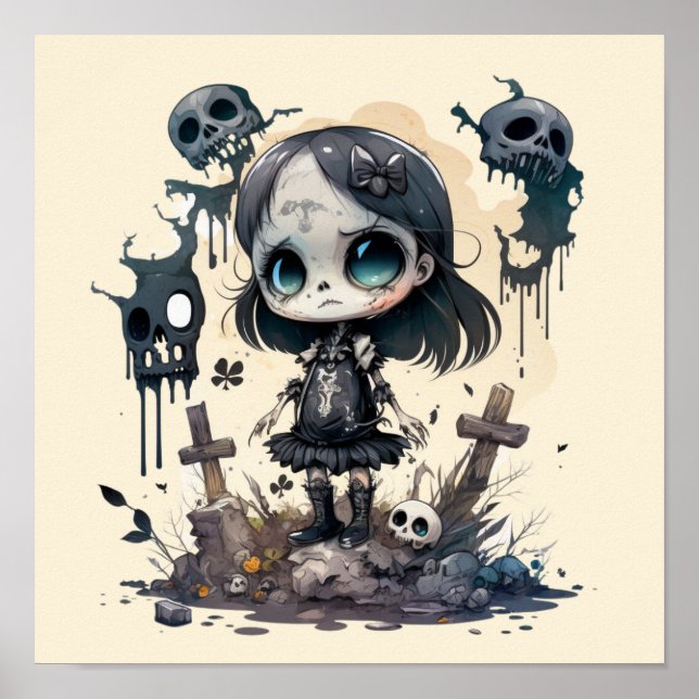 Póster Chica Skeleton con cráneo de 12"x12" Poster (Frente)